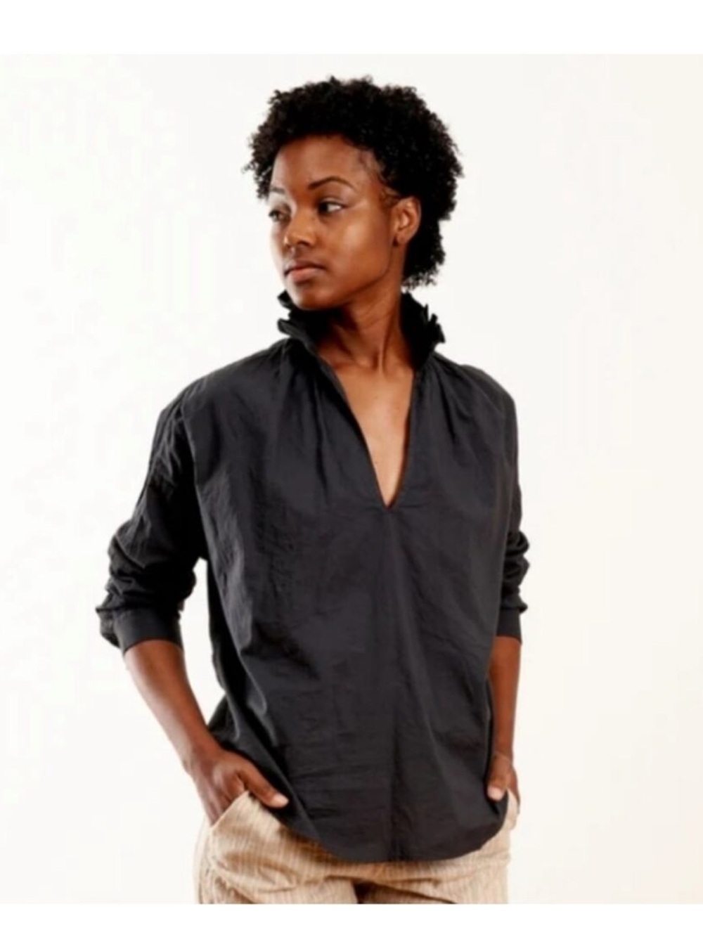 A Shirt Thing Penelope Cabo Long Sleeve Blouse with Ruffle Collar in Black